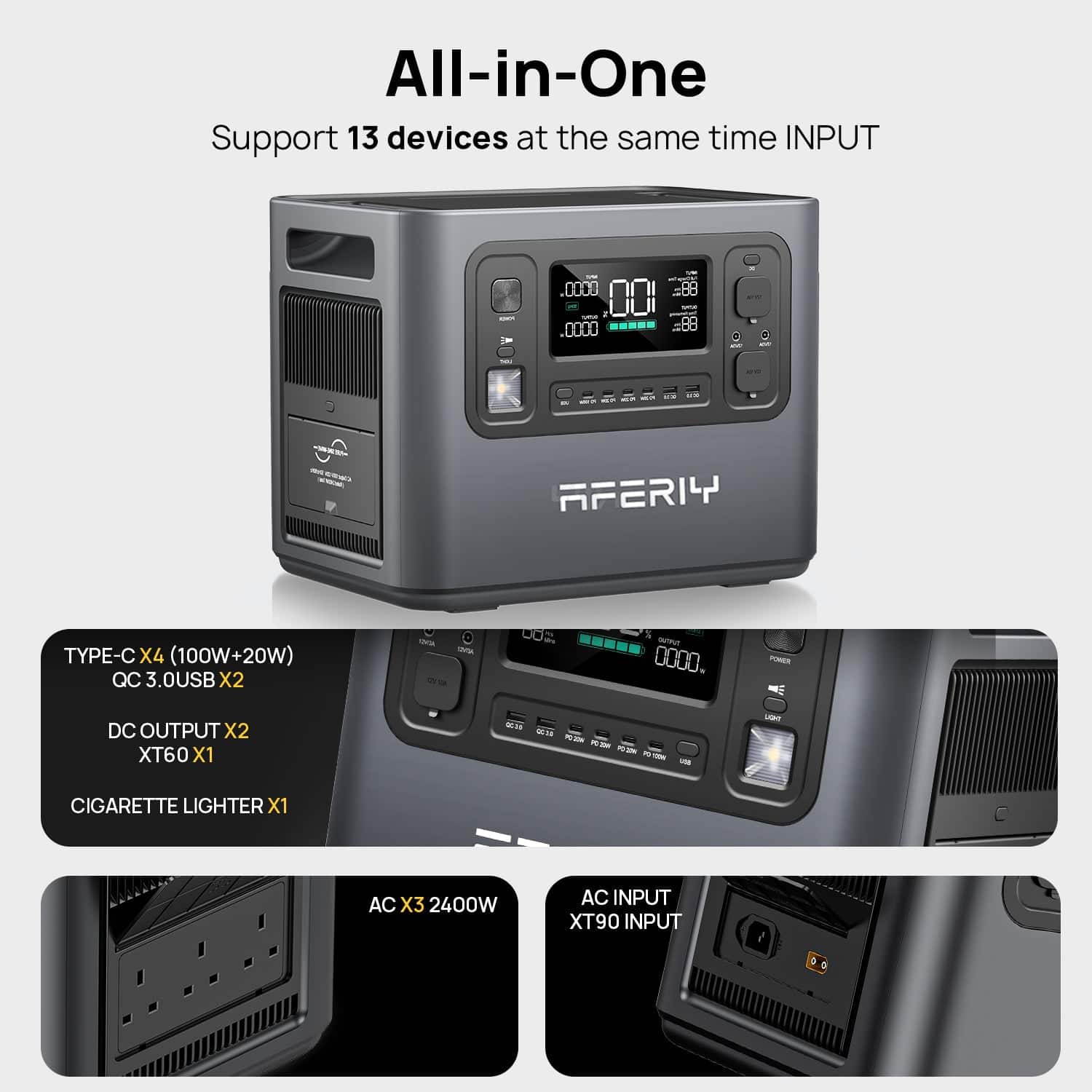 AFERIY P210 Portable Power Station with 13 outlets, enabling simultaneous power supply to multiple devices.