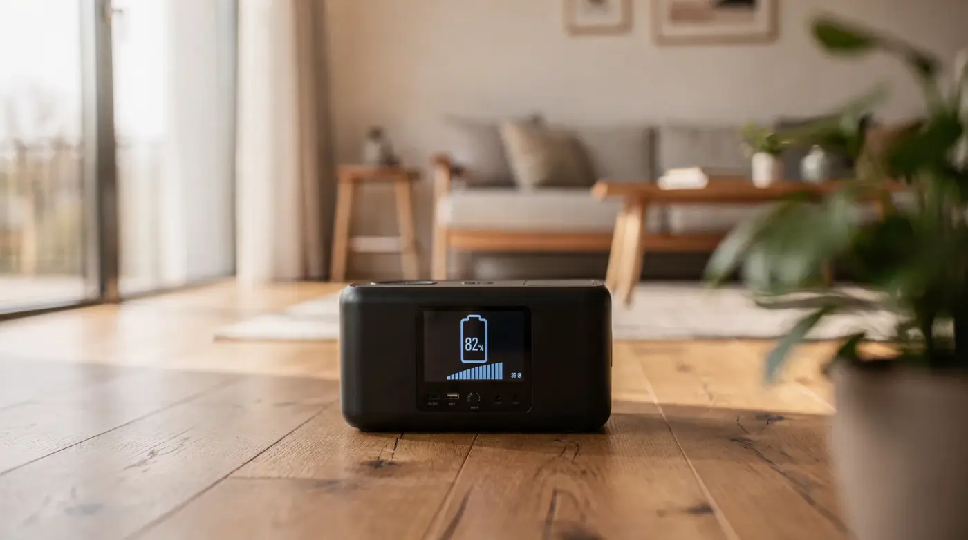 Station d'énergie portable noire avec écran allumé installée dans un salon moderne pour servir de batterie de secours