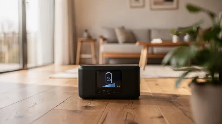 Station d'énergie portable noire avec écran allumé installée dans un salon moderne pour servir de batterie de secours