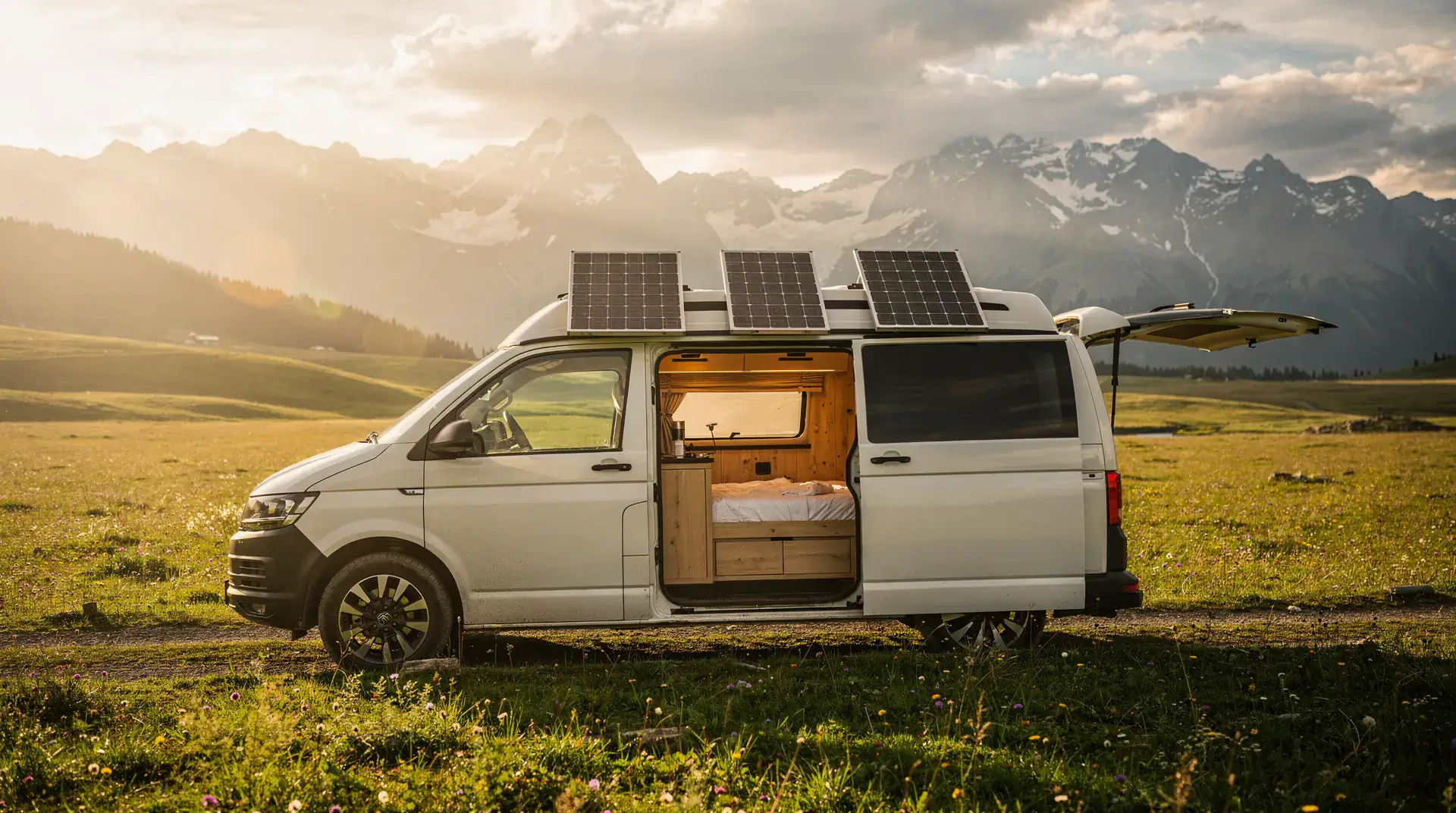 Van aménagé blanc garé en pleine nature avec panneaux solaires sur le toit et porte arrière ouverte