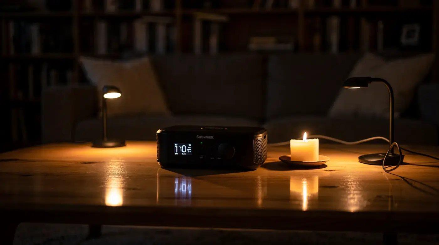 Salon familial éclairé par lampes LED alimentées par une station d'énergie portable lors d'une coupure de courant