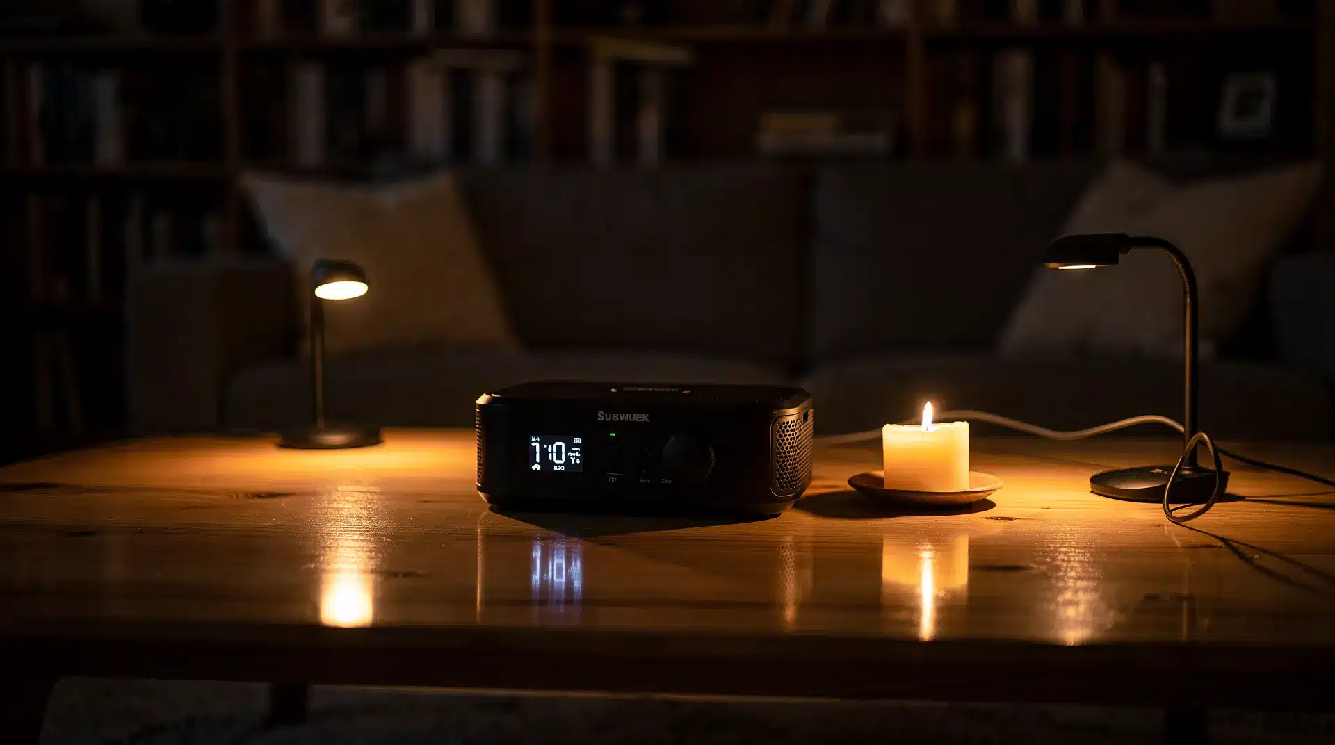 Salon familial éclairé par lampes LED alimentées par une station d'énergie portable lors d'une coupure de courant