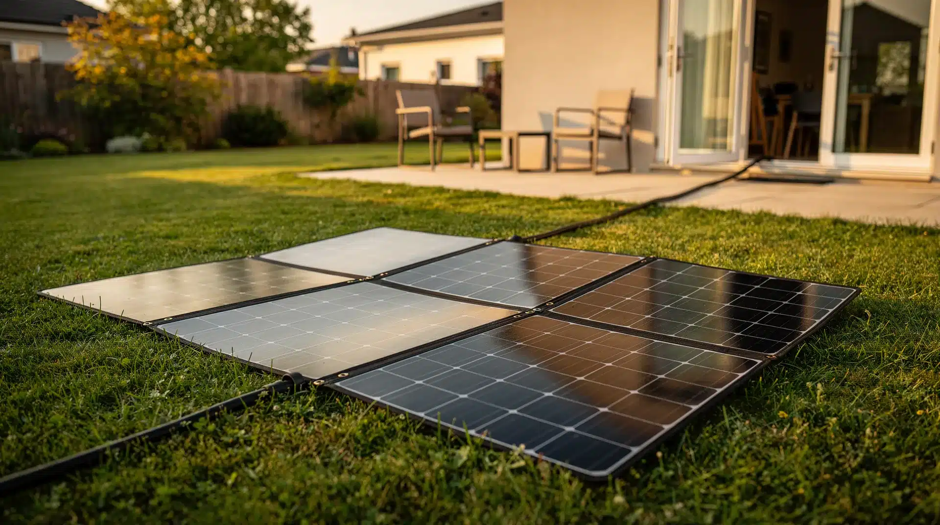 Panneau solaire portable déployé dans le jardin alimentant une station d'énergie portable installée à l'intérieur